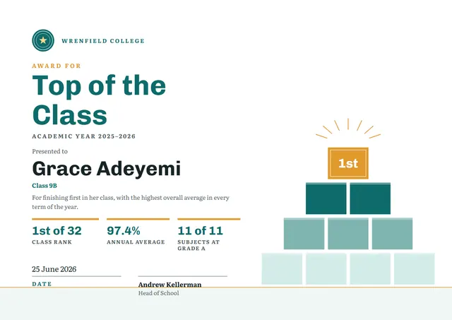 Teal Seal Top of the Class Award template, A4 landscape, in teal