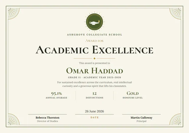 Olive Seal Academic Excellence Award template, A4 landscape, in olive