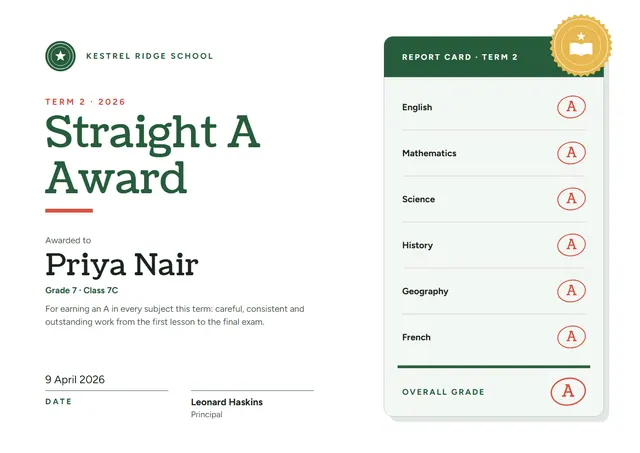 Forest Green Seal Straight A Award template, A4 landscape, in forest green