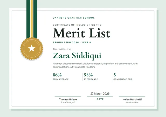 Forest Green Medal Merit List Certificate template, A4 landscape, in forest green