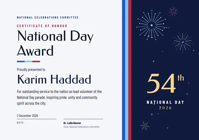 Midnight Sunburst National Day Award template, A4 landscape, in midnight blue