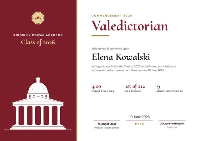 Burgundy Seal Valedictorian Award template, A4 landscape, in burgundy
