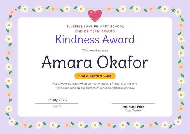 Sage Floral Kindness Award template, A4 landscape, in sage