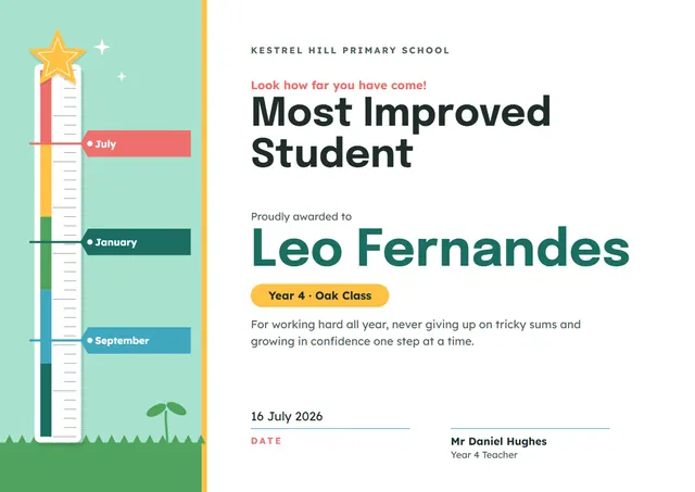 Mint Starry Most Improved Student Award template, A4 landscape, in mint