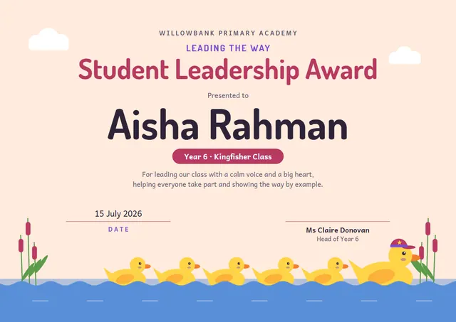 Raspberry Starry Student Leadership Award template, A4 landscape, in raspberry