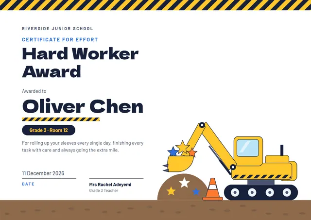 Bronze Starry Hard Worker Award template, A4 landscape, in bronze