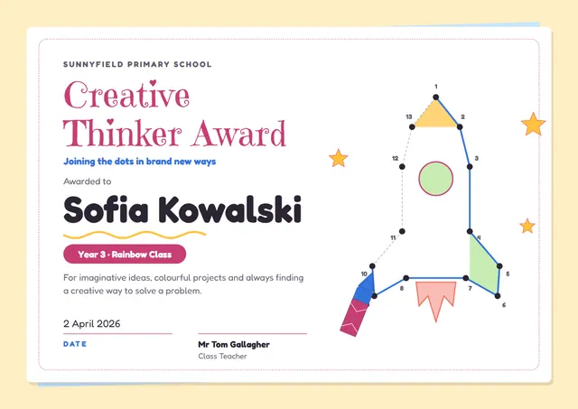 Raspberry Sunburst Creative Thinker Award template, A4 landscape, in raspberry