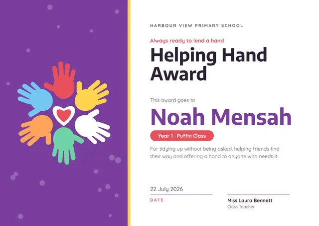 Purple Leafy Helping Hand Award template, A4 landscape, in purple