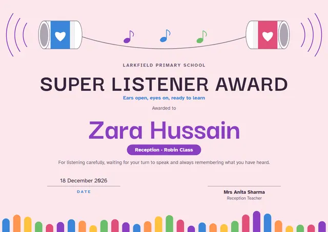 Purple Wave Super Listener Award template, A4 landscape, in purple
