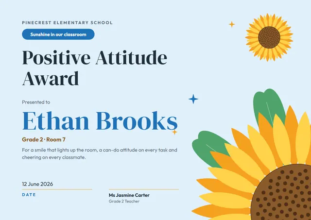 Orange Starry Positive Attitude Award template, A4 landscape, in orange