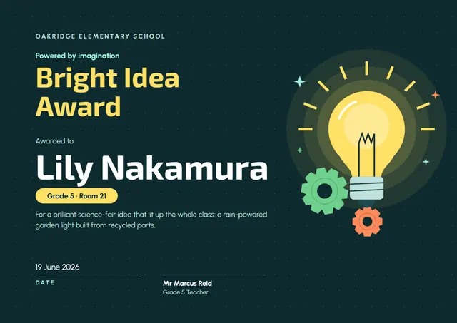 Modern Midnight Sunburst Bright Idea Award template, A4 landscape, in midnight blue