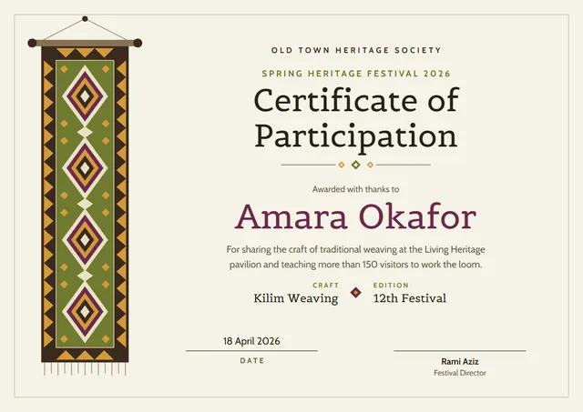 Plum Medal Heritage Festival Certificate template, A4 landscape, in plum