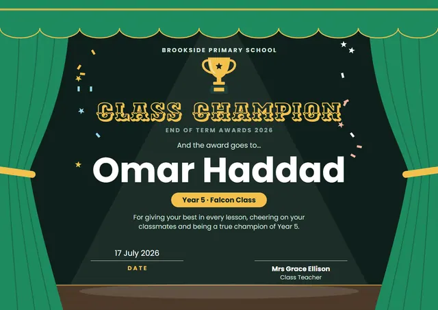 Forest Green Trophy Class Champion Award template, A4 landscape, in forest green