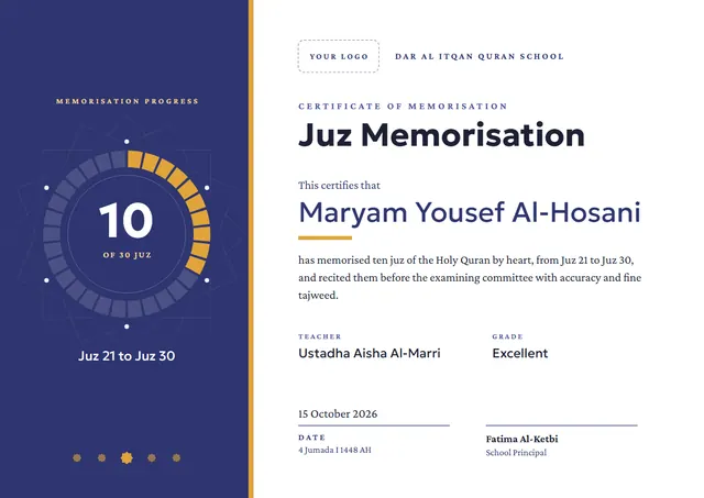 Navy Starry Juz Memorisation Certificate template, A4 landscape, in navy