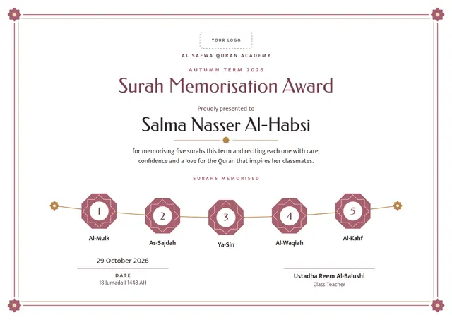 Raspberry Medal Surah Memorisation Award template, A4 landscape, in raspberry