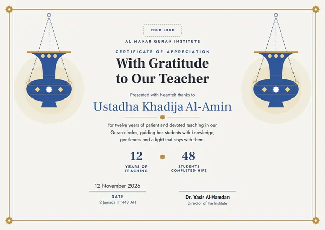 Steel Blue Medal Quran Teacher Appreciation Certificate template, A4 landscape, in steel blue