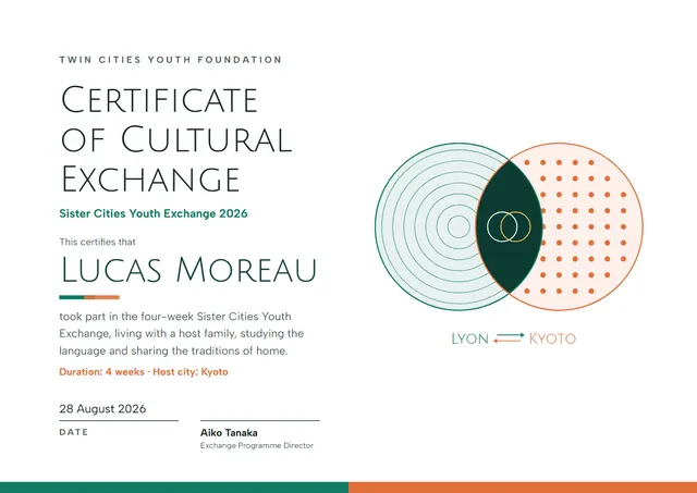 Forest Green Modern Cultural Exchange Certificate template, A4 landscape, in forest green