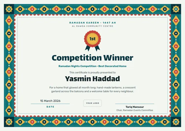 Teal Rosette Ramadan Competition Winner Certificate template, A4 landscape, in teal