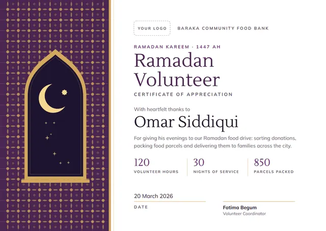 Plum Moonlit Ramadan Volunteer Certificate template, A4 landscape, in plum