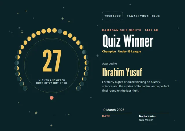 Black Orbit Ramadan Quiz Winner Certificate template, A4 landscape, in black