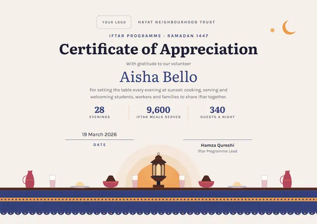 Navy Moonlit Iftar Programme Volunteer Certificate template, A4 landscape, in navy