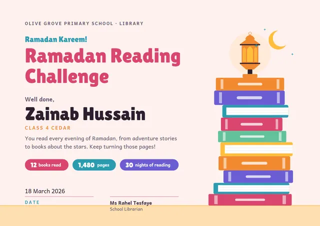 Red Moonlit Ramadan Reading Challenge Certificate template, A4 landscape, in red