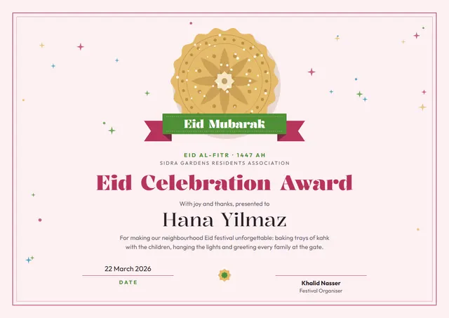 Raspberry Seal Eid Celebration Award template, A4 landscape, in raspberry
