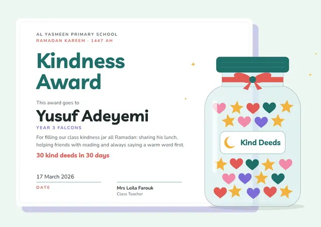 Teal Ribbon Ramadan Kindness Award template, A4 landscape, in teal