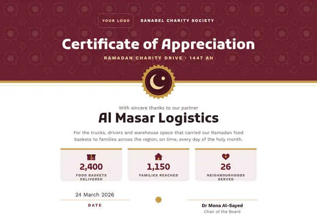 Burgundy Medal Ramadan Charity Drive Appreciation Certificate template, A4 landscape, in burgundy