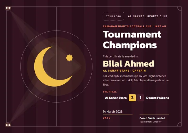 Burgundy Moonlit Ramadan Sports Tournament Certificate template, A4 landscape, in burgundy