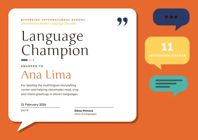 Orange Confetti International Language Day Certificate template, A4 landscape, in orange
