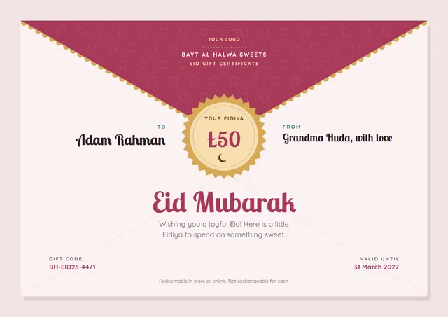 Raspberry Seal Eid Gift Certificate template, A4 landscape, in raspberry