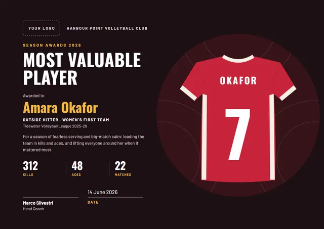 Black Wave Most Valuable Player Award template, A4 landscape, in black