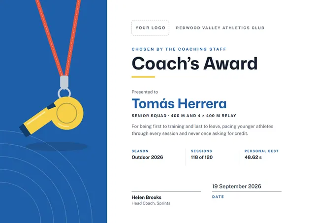 Ocean Blue Banded Coach's Award template, A4 landscape, in ocean blue