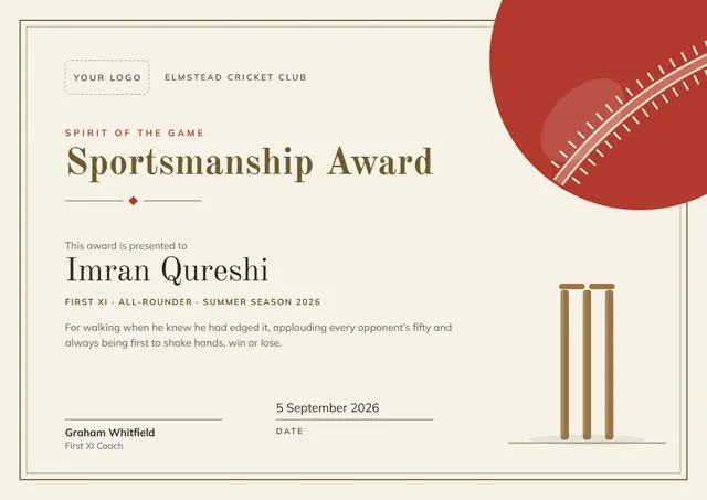 Brick Red Wave Sportsmanship Award template, A4 landscape, in brick red