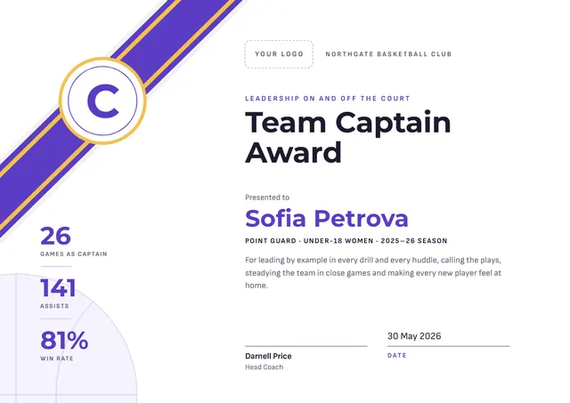 Sunshine Yellow Wave Team Captain Award template, A4 landscape, in sunshine yellow