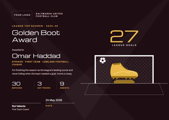 Burgundy Wave Golden Boot Award template, A4 landscape, in burgundy
