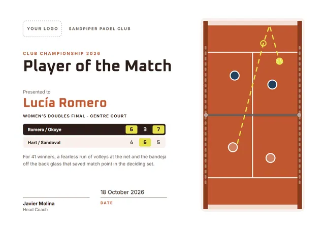 Brick Red Wave Player of the Match Award template, A4 landscape, in brick red