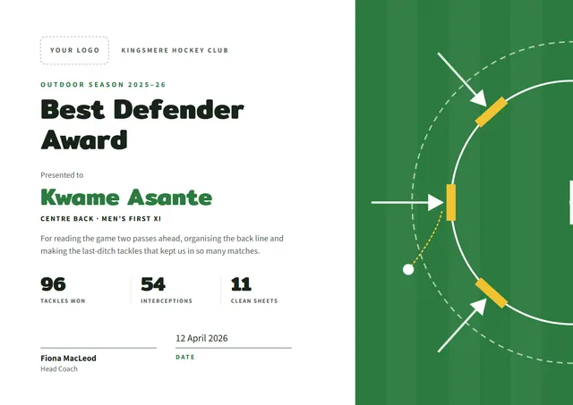 Emerald Chart Best Defender Award template, A4 landscape, in emerald