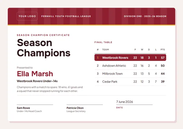 Crimson Banded Season Champion Certificate template, A4 landscape, in crimson