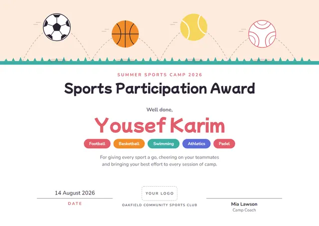 Red Wave Sports Participation Award template, A4 landscape, in red