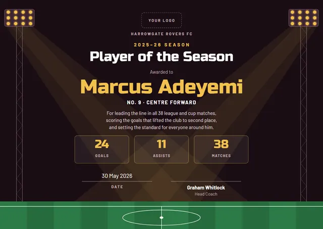 Sunshine Yellow Chart Football Player of the Season Award template, A4 landscape, in sunshine yellow