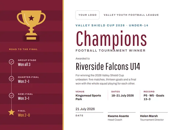 Burgundy Starry Football Tournament Winner Certificate template, A4 landscape, in burgundy