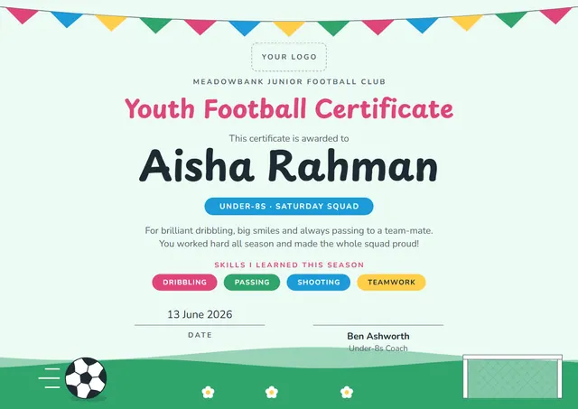 Jade Wave Youth Football Certificate template, A4 landscape, in jade