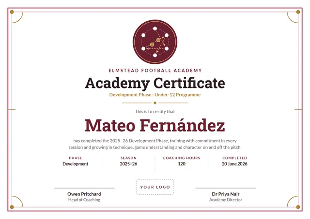 Burgundy Ornate Football Academy Certificate template, A4 landscape, in burgundy