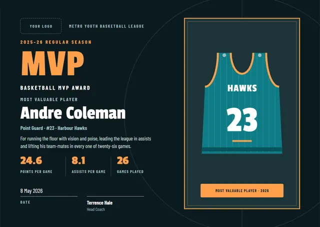 Black Banded Basketball MVP Award template, A4 landscape, in black