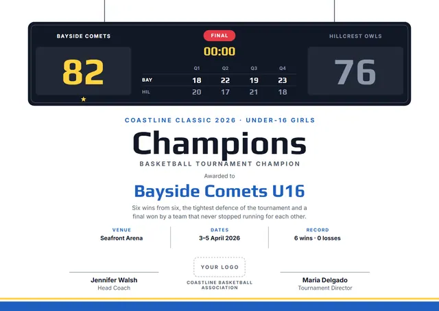 Steel Blue Starry Basketball Tournament Champion Certificate template, A4 landscape, in steel blue