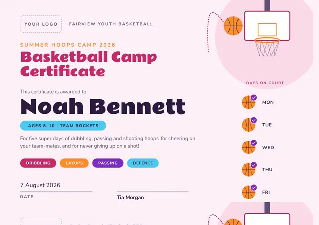 Fuchsia Wave Basketball Camp Certificate template, A4 landscape, in fuchsia