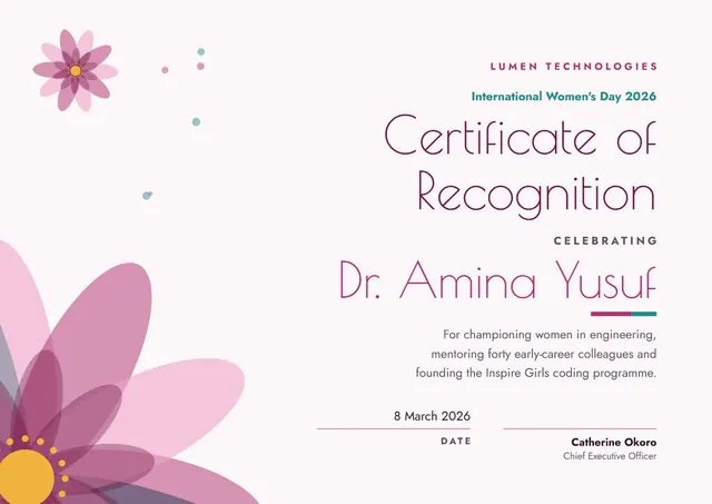 Burgundy Floral International Women's Day Award template, A4 landscape, in burgundy
