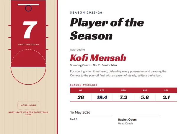 Red Banded Basketball Player of the Season Award template, A4 landscape, in red